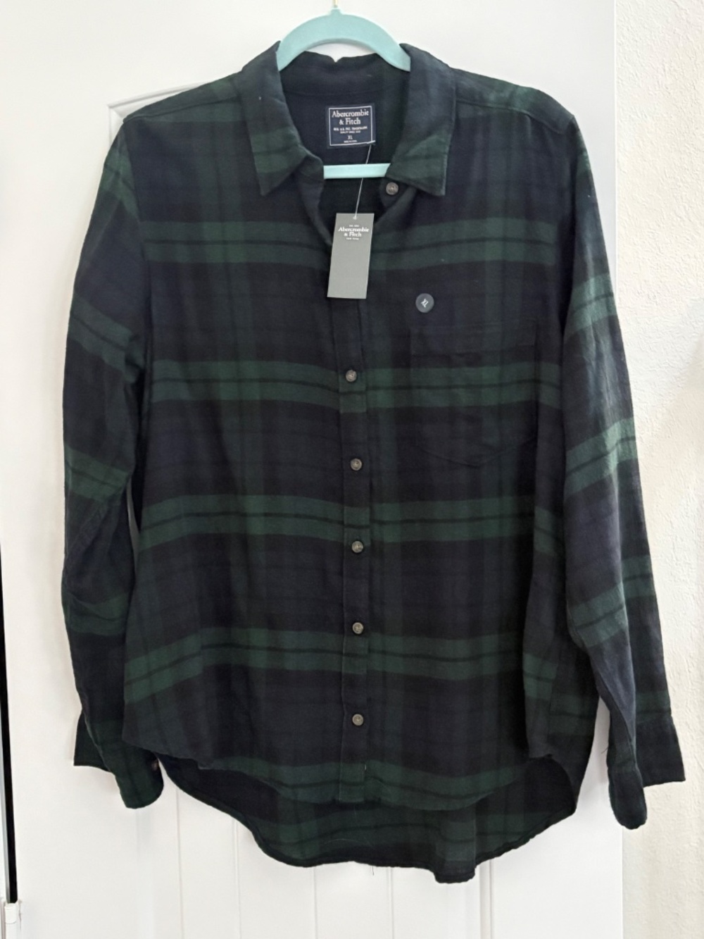NWT Abercrombie & Fitch Black Green Plaid Button Down Shirt XL